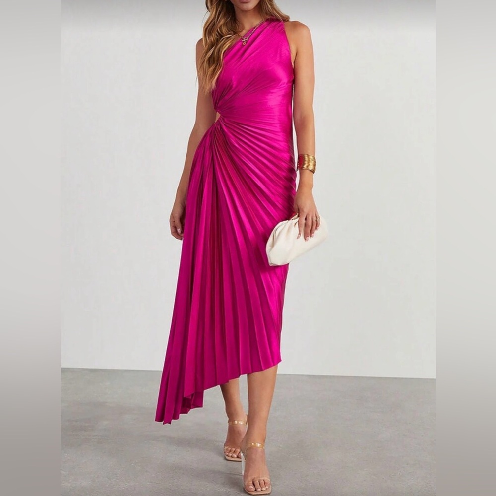 Commense Fuchsia Asymmetrical Pleated Satin Dress